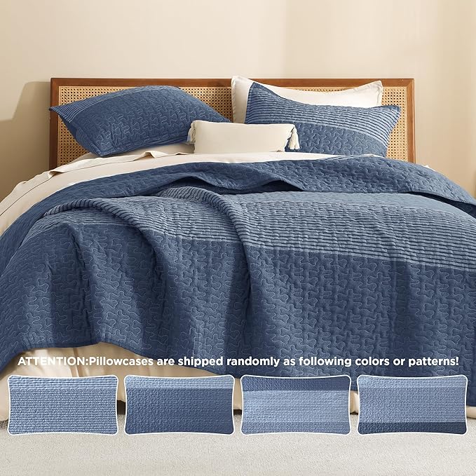 Litanika Oversized King Quilt Set Sapphire Blue, 120x98 Stripe Bedspread - Image 5