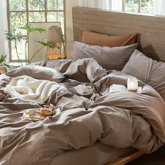 MooMee Wavy Striped Duvet Cover Set 100% Washed Cotton Linen Like Textured - Image 4