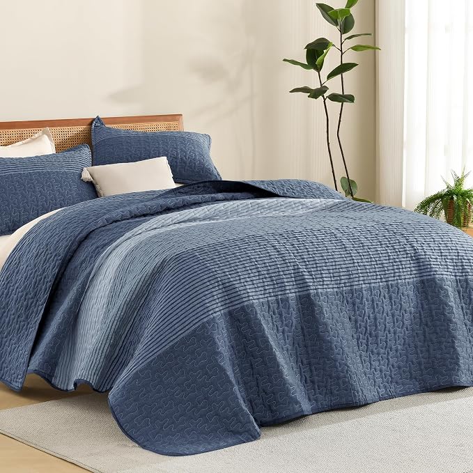 Litanika Oversized King Quilt Set Sapphire Blue, 120x98 Stripe Bedspread by Litanika