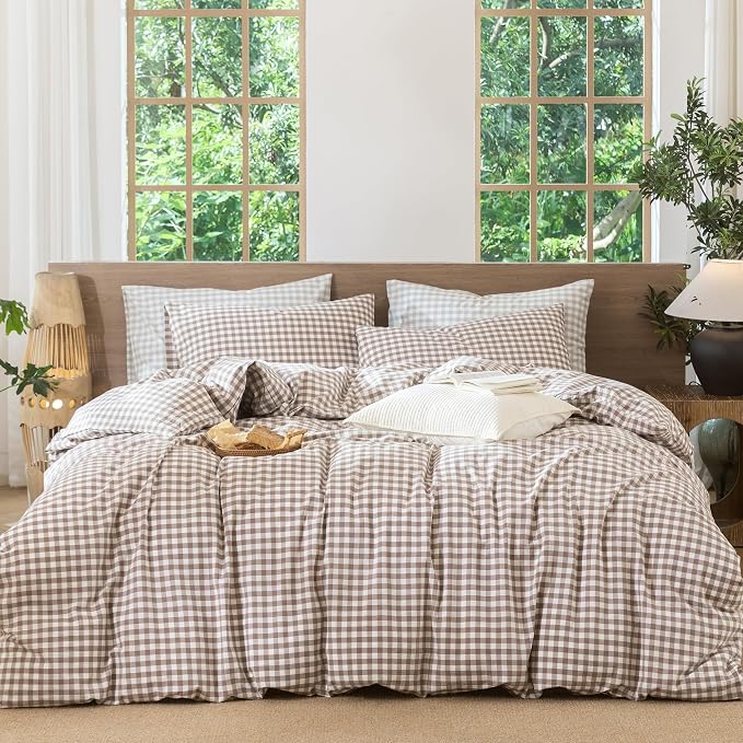 MooMee Gingham Duvet Cover Set 100% Washed Cotton Linen Like Textured by MOOMEE