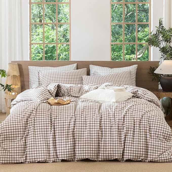 MooMee Gingham Duvet Cover Set 100% Washed Cotton Linen Like Textured by MOOMEE