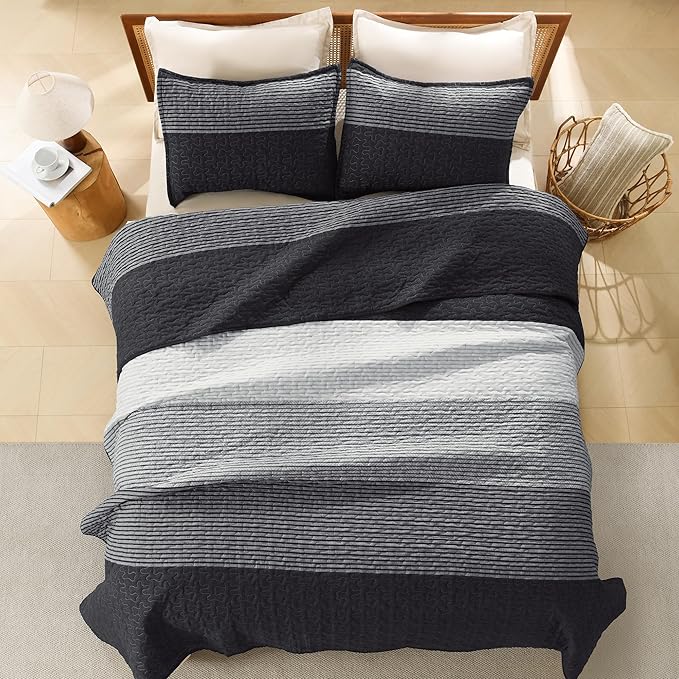 Litanika Oversized King Quilt Set Black and White, 120x120 Stripe Bedspread - Image 3