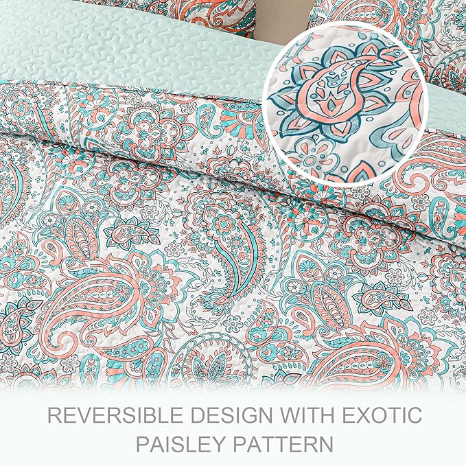 Exclusivo Mezcla Reversible Boho Quilts Queen Size, Aqua Bedspreads Lightweight - Image 3