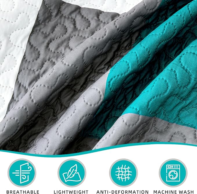 Tyrot 2 Piece Teal/Turquoise Grey Quilt Set Twin Size Black White Geometric - Image 6