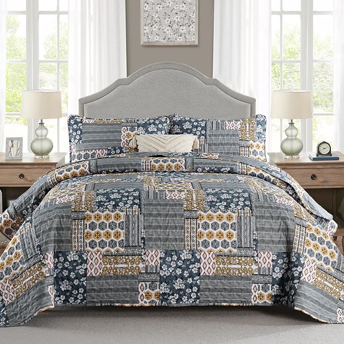Mybedsoul Dark Grey Quilt Set King Size, 3 Pieces Plaid Floral Bedspread Set by Mybedsoul