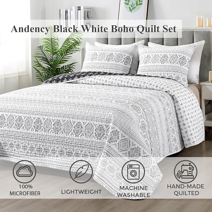 Andency Black White Quilts Queen Size, 3 Pieces Queen Quilt Bedding Set Boho - Image 2