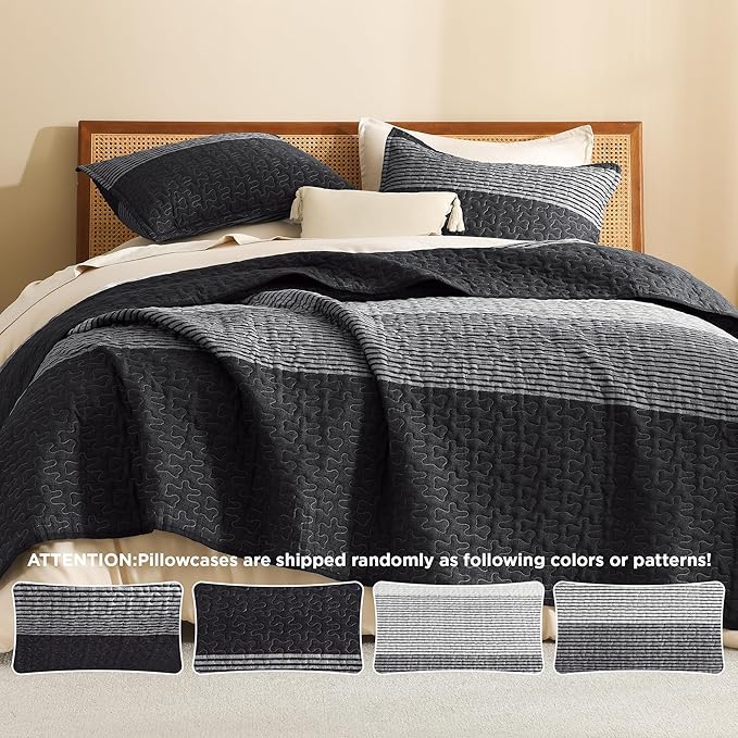 Litanika Oversized King Quilt Set Black and White, 120x98 Stripe Bedspread - Image 5