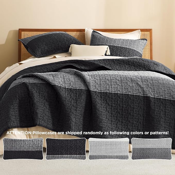 Litanika Oversized Queen Quilt Set Black and White, 98x98 Stripe Bedspread - Image 5