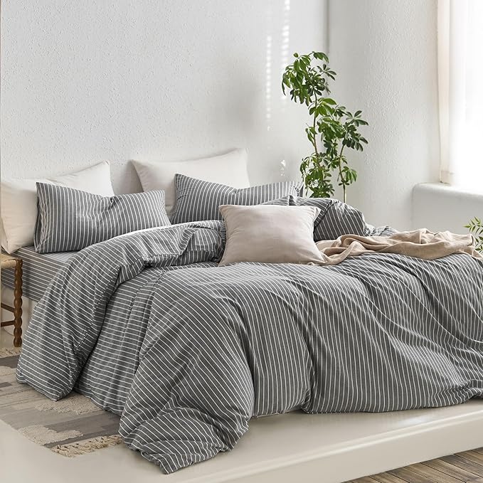 MooMee Striped Duvet Cover Set 100% Washed Cotton Linen Like Textured - Image 3