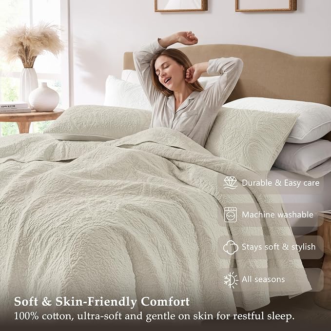 palassio Beige Paisley 100% Cotton Quilt Twin Size Bedding Sets - Image 5