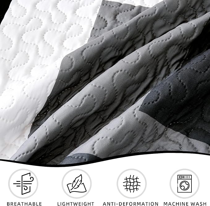 Tyrot 3 Piece Black Grey Quilt Set California King Size Black White Geometric - Image 6