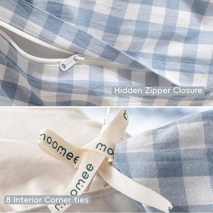 MooMee Gingham Duvet Cover Set 100% Washed Cotton Linen Like Textured - Image 6
