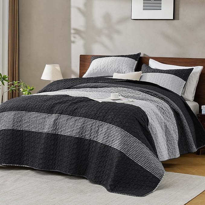 Andency Black Quilt Twin, 2 Pieces Black and White Patchwork Striped Bedspread - Image 8