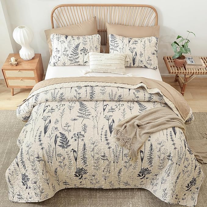 JANZAA Quilts Queen Size Beige Quilt Botanical - Image 7