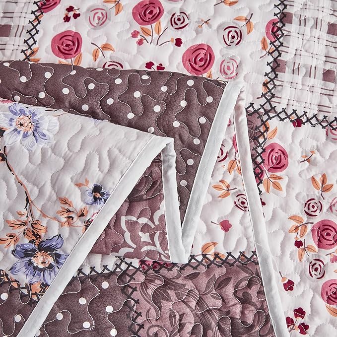 Patchwork Quilt Set Twin Size, 2 Pieces Brown White Floral Plaid Design Summer - Image 5
