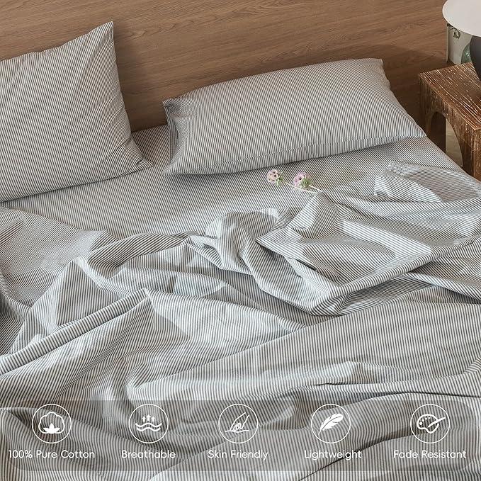 MooMee Striped Duvet Cover Set 100% Washed Cotton Linen Like Textured - Image 3