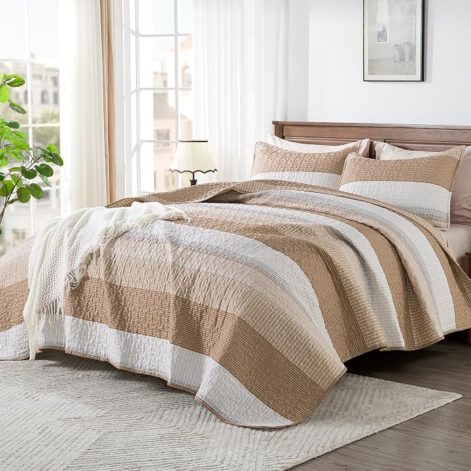 Andency Taupe Striped Quilt Queen, 3 Pieces Patchwork Bedspread Coverlet Set - Image 6