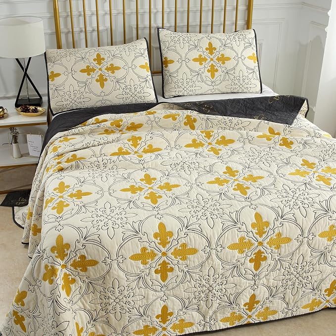 ROOMLIFE Quilt Set King Size 3D Floral Iris Embroidery Pattern 3-Piece Cotton - Image 9
