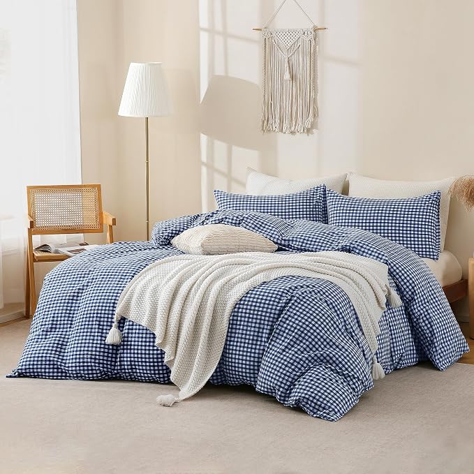 TOCOMOA Navy Blue Gingham Duvet Cover Bedding Set 100% Washed Cotton Like Linen - Image 2