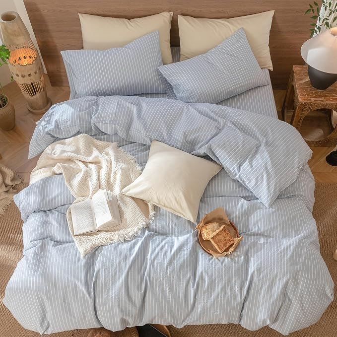 MooMee Striped Duvet Cover Set 100% Washed Cotton Linen Like Textured - Image 5