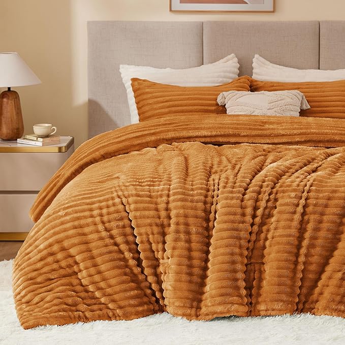 BEDELITE Fleece Queen Comforter Set -Super Soft & Warm Fluffy Rust Orange by BEDELITE