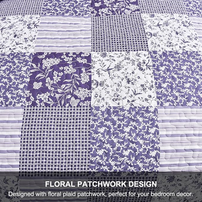 Mybedsoul Purple Quilt Set Queen Size, 3 Pieces Boho Floral Plaid Bedspread - Image 7