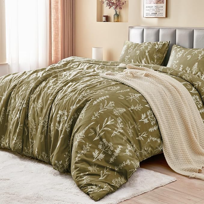 MUXHOMO Duvet Cover Full Size, Reversible Floral Olive Green Duvet Cover Set - Image 3