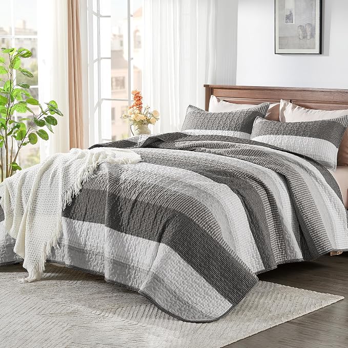 Andency Queen Quilt Bedding Set Dark Grey, 3 Pieces Patchwork Summer Striped - Image 2