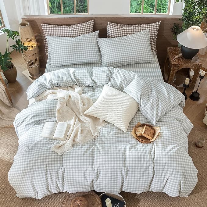 MooMee Gingham Duvet Cover Set 100% Washed Cotton Linen Like Textured - Image 5
