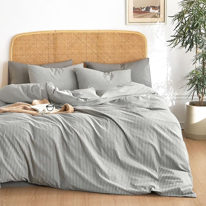 Wake In Cloud - Striped Cotton Duvet Cover Set, 100% Washed Cotton Textured - Image 4