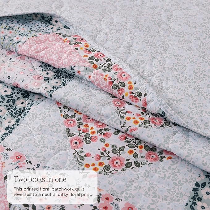 BLOOMHAVEN Quilt Set Twin Size, Patchwork Pink Floral Quilt Sets, Reversible - Image 3