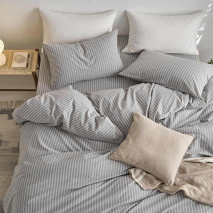 MooMee Striped Duvet Cover Set 100% Washed Cotton Linen Like Textured - Image 5