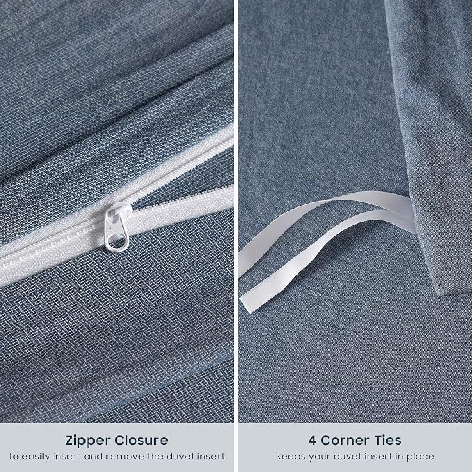 Wake In Cloud - Cotton Duvet Cover Set, Twin Size, Chambray Denim Blue - Image 7