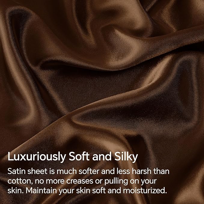 BEDELITE Satin Sheets Queen Size Bed Set, Luxury Soft Brown Silky Sheets - Image 3