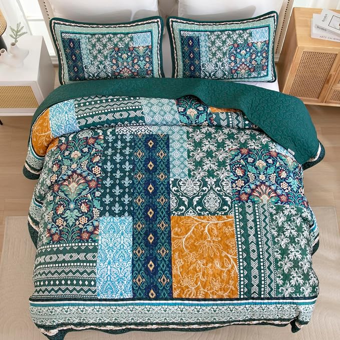 WONGS BEDDING Green Quilt Set King Size, 3 Pieces Boho Quilt Patchwork Quilt - Image 4