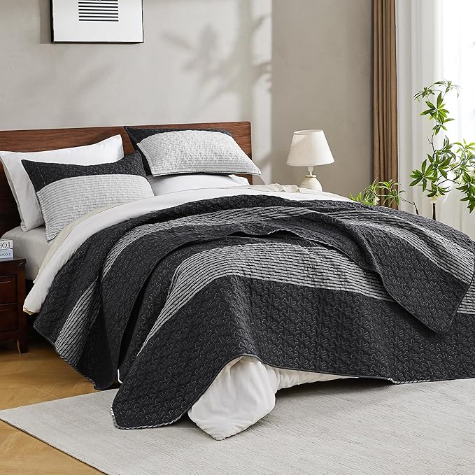 Andency Oversized King Quilt Set Black White, 120x120 Stripe Super King - Image 2