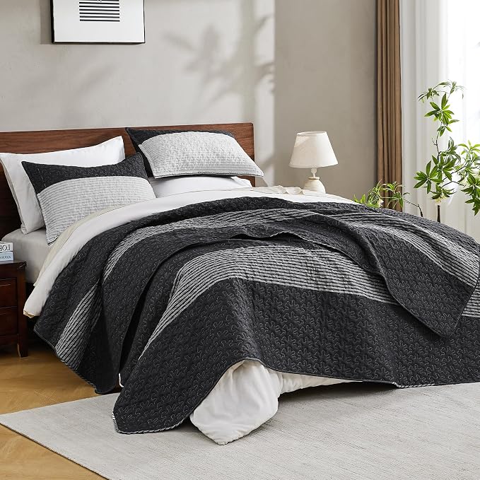 Andency Oversized King Quilt Bedding Set, 120x98Inch Black White Stripe - Image 2