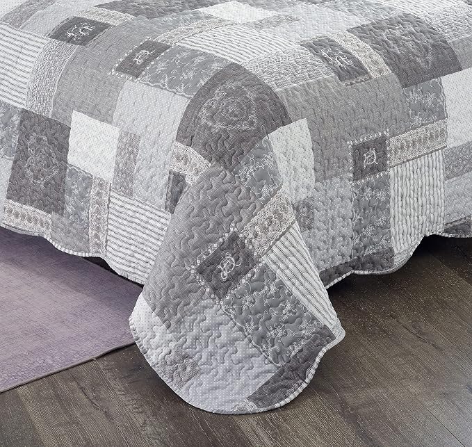 Brilliant Sunshine Grey Heart Love, Floral and Lace Patchwork, 2-Piece Quilt Set - Image 5