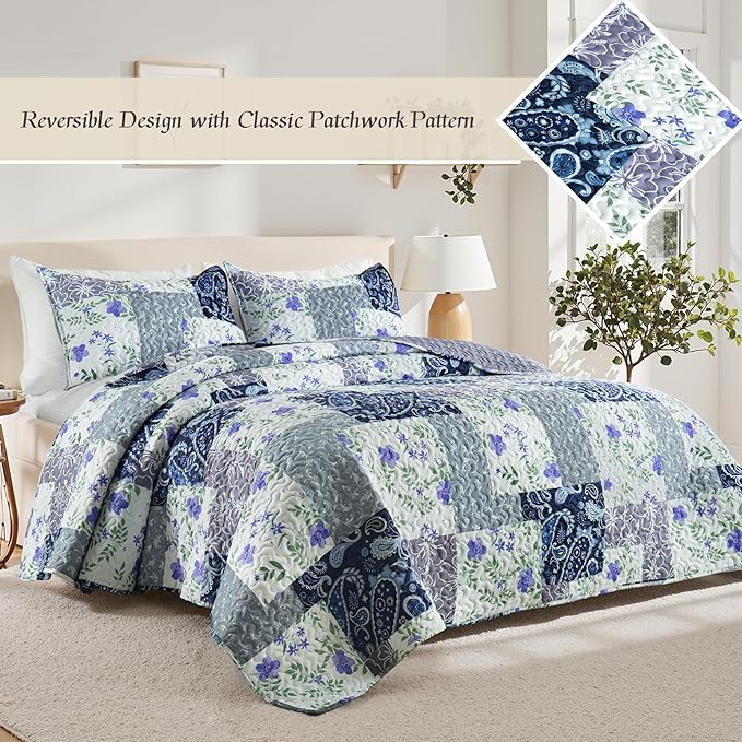 Whale Flotilla Patchwork Quilt Twin Size, Soft Boho Floral Bedspreads - Image 2