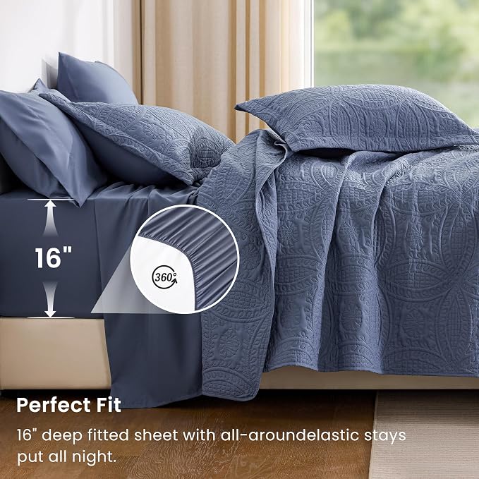 Love's cabin King Quilt Set Bluish Grey, Bed in a Bag King Size Bedding 7 Pcs - Image 4