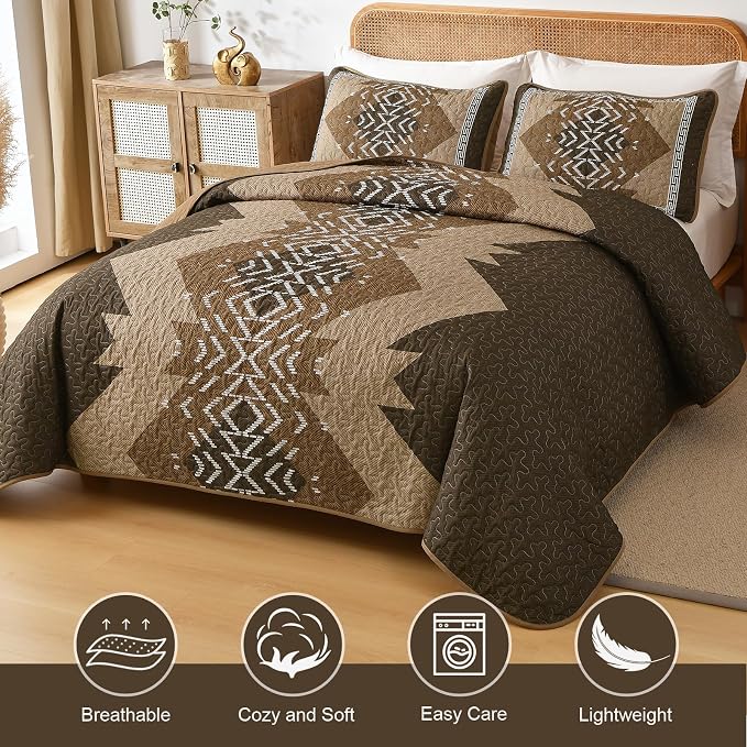 Dintszyayue Brown Quilt Set King Size Boho Aztec Texture Bedspread Coverlet Set - Image 2