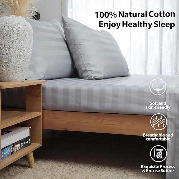 Twin Size Striped Fitted Sheet Only Gray Color, 100% Egyptian Cotton 600 Thread - Image 2