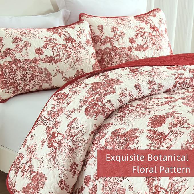 WONGS BEDDING Botanical Quilt Set King Size, Christmas Red 3 Pieces Floral - Image 4