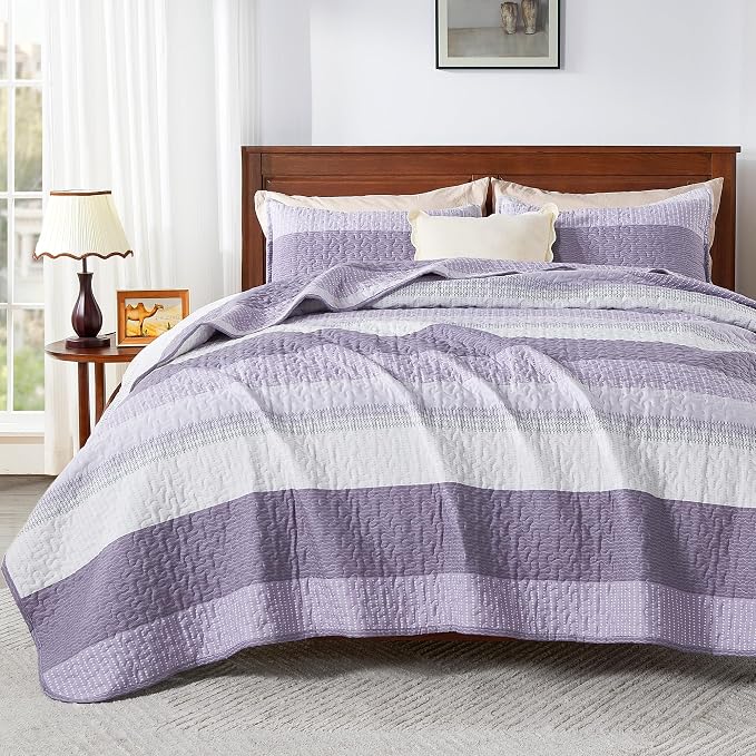 Andency Queen Quilt Bedding Set Grayish Purple, 3 Pieces Patchwork Summer by Andency