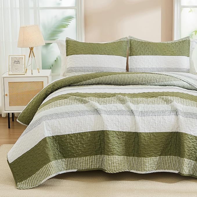 Andency Queen Quilt Bedding Set Olive, 3 Pieces Patchwork Olive Green Striped by Andency