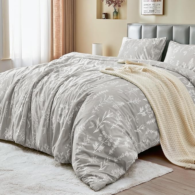 MUXHOMO Duvet Cover Queen Size, Reversible Floral Silver Gray Duvet Cover Set - Image 3