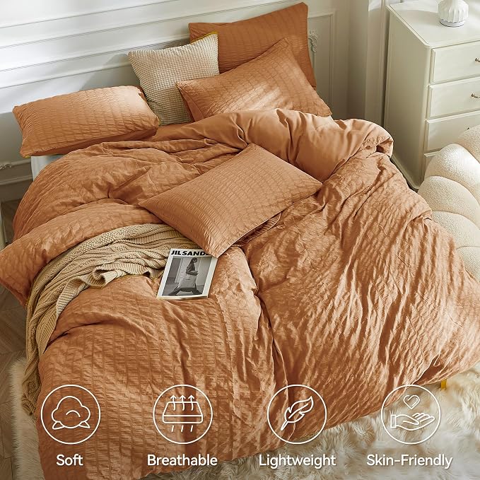 JELLYMONI Burnt Orange Duvet Cover Full Size, Soft Breathable Seersucker Duvet - Image 2