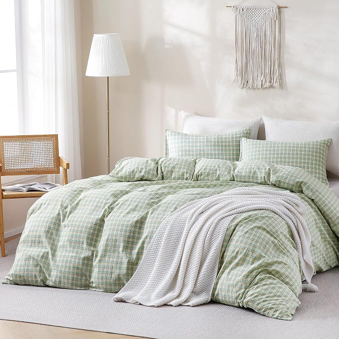 TOCOMOA Plaid Duvet Cover Set 100% Washed Cotton Like Linen Feel Super Soft - Image 2