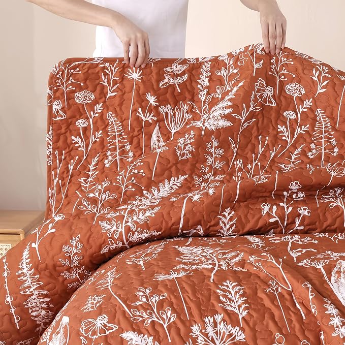 JANZAA Quilts Queen Size Floral Bed Spread Terracotta Quilts Queen Size - Image 7