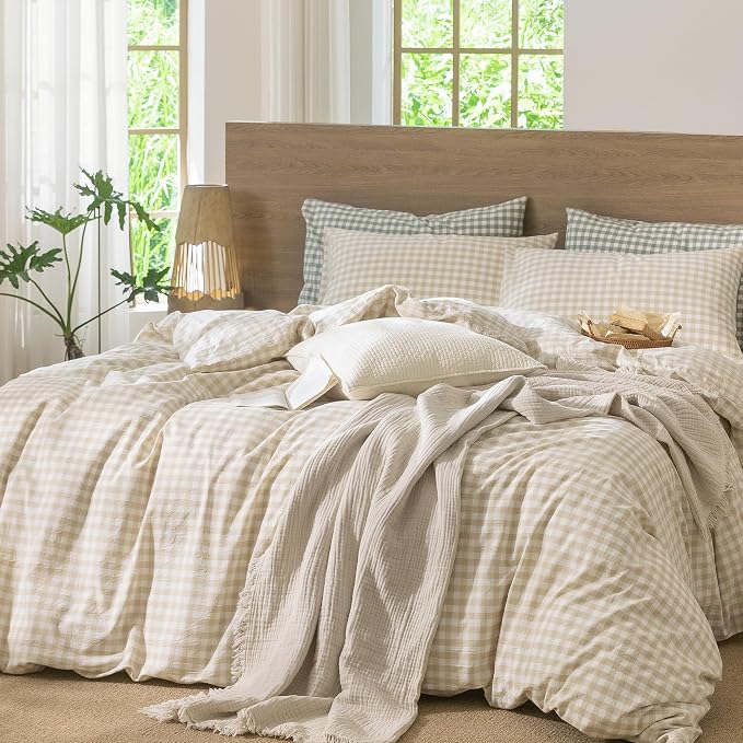MooMee Gingham Duvet Cover Set 100% Washed Cotton Linen Like Textured - Image 9